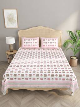 House of Gulab - White Double King Handblock Print Bedsheet with 2 Pillow Covers