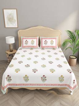 House of Gulab - White Double King Handblock Print Bedsheet with 2 Pillow Covers