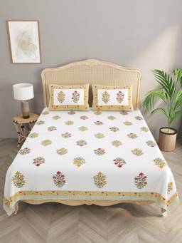 House of Gulab - White Double King Handblock Print Bedsheet with 2 Pillow Covers