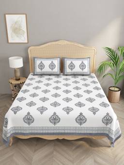 House of Gulab - White Double King Handblock Print Bedsheet with 2 Pillow Covers