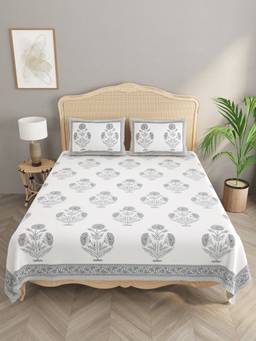 House of Gulab - White Double King Handblock Print Bedsheet with 2 Pillow Covers