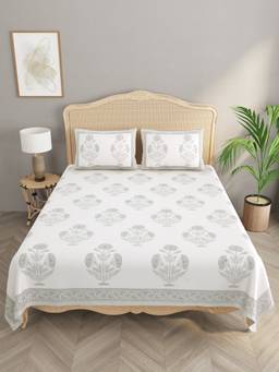 House of Gulab - White Double King Handblock Print Bedsheet with 2 Pillow Covers