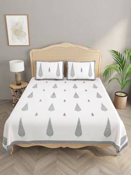 House of Gulab - White Double King Handblock Print Bedsheet with 2 Pillow Covers