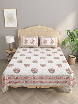 House of Gulab - White Double King Floral Print Bedsheet with 2 Pillow Covers