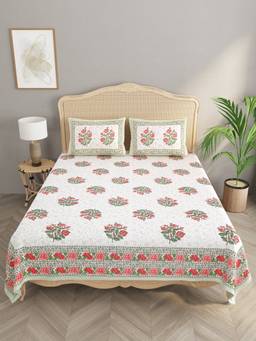 House of Gulab - White Double King Floral Print Bedsheet with 2 Pillow Covers