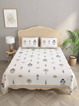 House of Gulab - White Double King Floral Print Bedsheet with 2 Pillow Covers