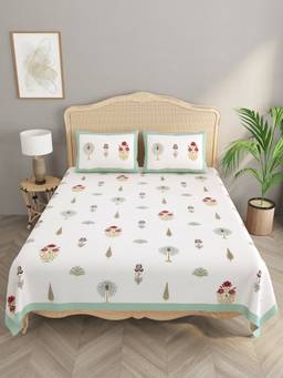 House of Gulab - White Double King Floral Print Bedsheet with 2 Pillow Covers