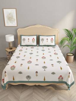 House of Gulab - White Double King Floral Print Bedsheet with 2 Pillow Covers