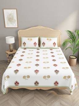 House of Gulab - White Handblock Print Super King Bedsheet with 2 Pillow covers