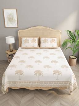 House of Gulab - White Handblock Print Super King Bedsheet with 2 Pillow covers