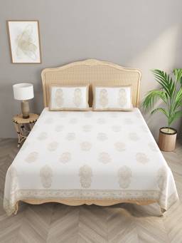 House of Gulab - White Handblock Print Super King Bedsheet with 2 Pillow covers