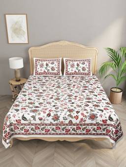 House of Gulab - Gold Gold and Floral Double King Bedsheet with 2 Pillow Covers