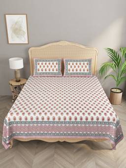 House of Gulab - White Double King Bedsheet with 2 Pillow Covers with Gold print