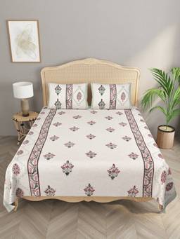 House of Gulab - Beige Handblock printed Slub Cotton Double King Bedcover with 2 Pillow Covers