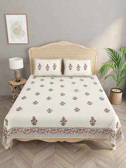 House of Gulab - Handblock printed Slub Cotton Double King Bedcover with 2 Pillow Covers