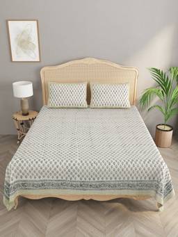 House of Gulab - Handblock printed Slub Cotton Double King Bedcover with 2 Pillow Covers