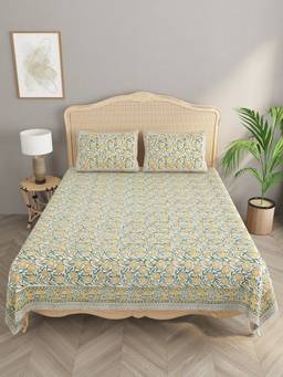 House of Gulab - Handblock printed Slub Cotton Double King Bedcover with 2 Pillow Covers