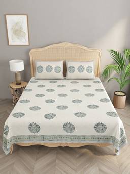 House of Gulab - Beige Handblock printed Slub Cotton Double King Bedcover with 2 Pillow Covers