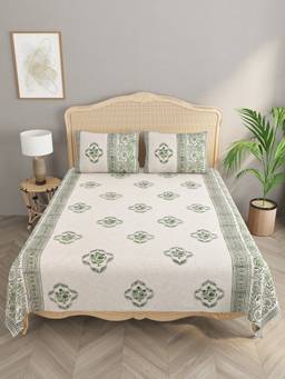 House of Gulab - Handblock printed Slub Cotton Double King Bedcover with 2 Pillow Covers