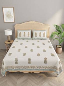 House of Gulab - Handblock printed Slub Cotton Double King Bedcover with 2 Pillow Covers