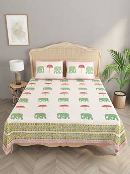 House of Gulab - Green Handblock printed Jute Cotton Double King Bedcover with 2 Pillow Covers
