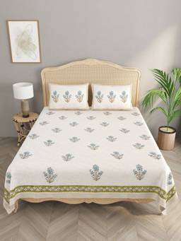 House of Gulab - Handblock printed Jute Cotton Double King Bedcover with 2 Pillow Covers