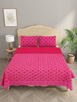 House of Gulab - Pink Applique Cut Work Cotton Bedcover with 2 Pillow Covers