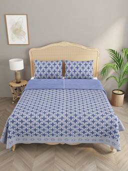 House of Gulab - Blue Applique Cut Work Cotton Bedcover with 2 Pillow Covers