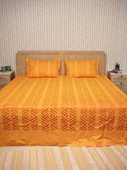 House of Gulab - Orange Applique Cut Work Cotton Bedcover with 2 Pillow Covers
