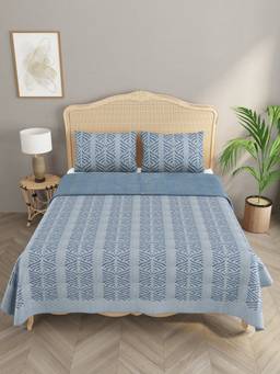 House of Gulab - Blue Applique Cut Work Cotton Bedcover with 2 Pillow Covers