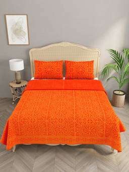 House of Gulab - Orange Applique Cut Work Cotton Bedcover with 2 Pillow Covers