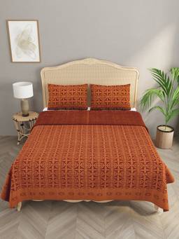 House of Gulab - Orange Applique Cut Work Cotton Bedcover with 2 Pillow Covers