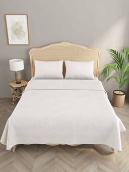 House of Gulab - White Applique Cut Work Cotton Bedcover with 2 Pillow Covers