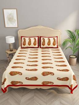 House of Gulab - Cream Double King Floral Print Bedsheet with 2 Pillow Covers