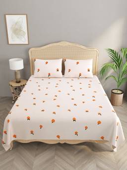 House of Gulab - White Double King Floral Print Bedsheet with 2 Pillow Covers