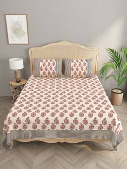 House of Gulab - Beige Handblock Printed Double King Cotton Bedsheet with 2 Pillow Covers