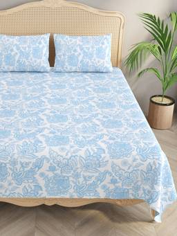 House of Gulab - Blue Super King cotton bedsheet with 2 Pillow Covers