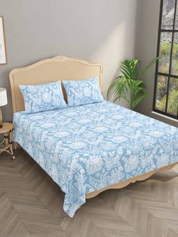 House of Gulab - Super King cotton Blue bedsheet with 2 Pillow Covers