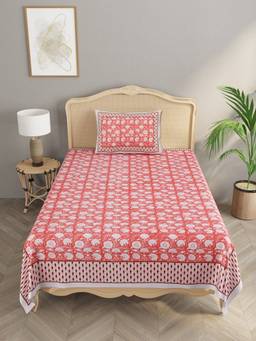 House of Gulab - Red Floral Print Single Bedsheet with 1 Pillow Cover