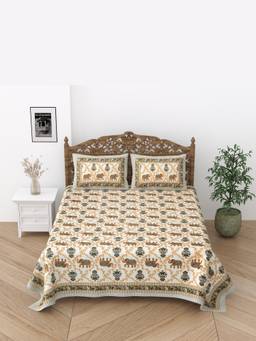 House of Gulab - Multi Color Floral Print Cotton Double King Bedsheet with 2 Pillow Covers