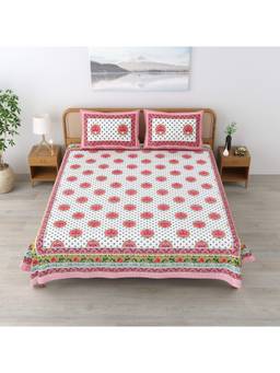 House of Gulab - Pink Floral Print Cotton Double King Bedsheet with 2 Pillow Covers