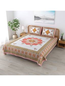 House of Gulab - White Floral Print Cotton Double King Bedsheet with 2 Pillow Covers
