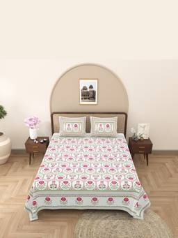 House of Gulab - Multi Color Floral Print Cotton Double King Bedsheet with 2 Pillow Covers
