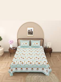 House of Gulab - White Floral Print Cotton Double King Bedsheet with 2 Pillow Covers