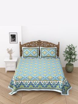 House of Gulab - Blue Floral Print Cotton Double King Bedsheet with 2 Pillow Covers