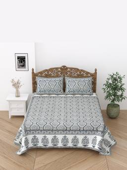 House of Gulab - White Floral Print Cotton Double King Bedsheet with 2 Pillow Covers
