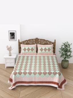 House of Gulab - Green Floral Print Cotton Double King Bedsheet with 2 Pillow Covers