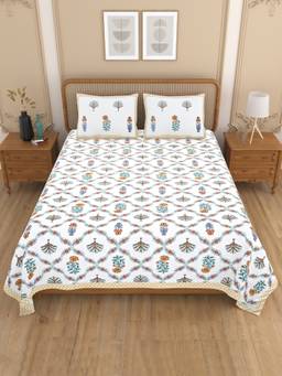 House of Gulab - White Floral Print Cotton Double King Bedsheet with 2 Pillow Covers