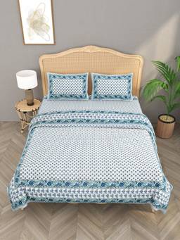 House of Gulab - Blue Floral Print King Bedsheet And Comforter And 2 Pillow Covers