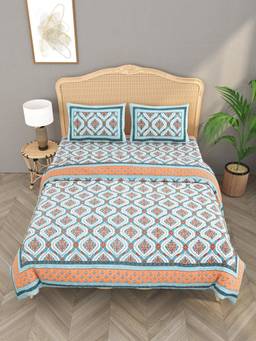 House of Gulab - Blue Floral Printed King Bedsheet with Comforter and 2 Pillow Covers